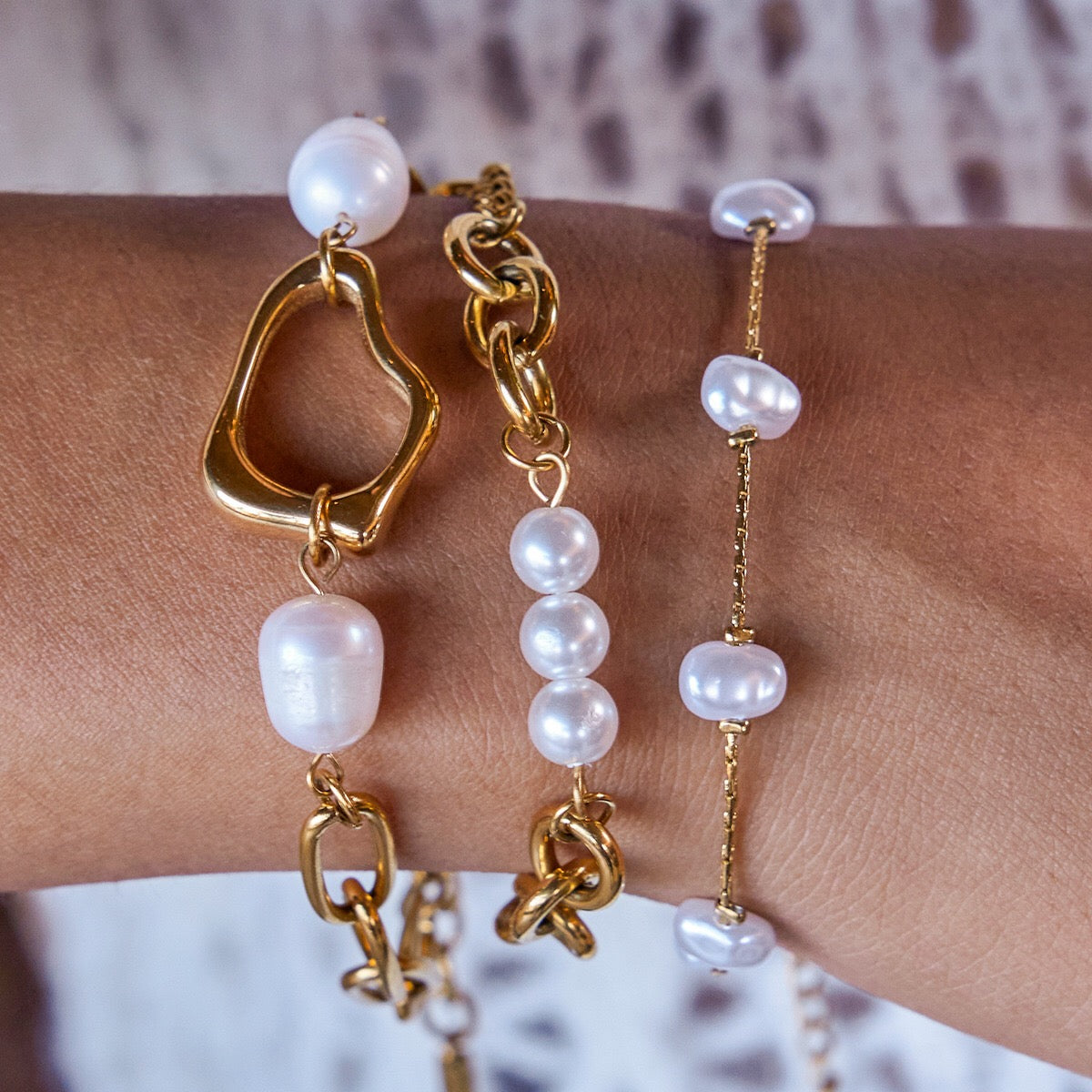 18K Gold Golden Form Pearl Paperclip Chain Bracelet Stack