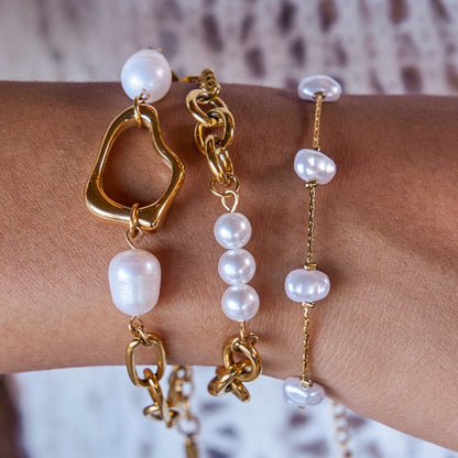 18K Gold Golden Form Pearl Paperclip Chain Bracelet Stack