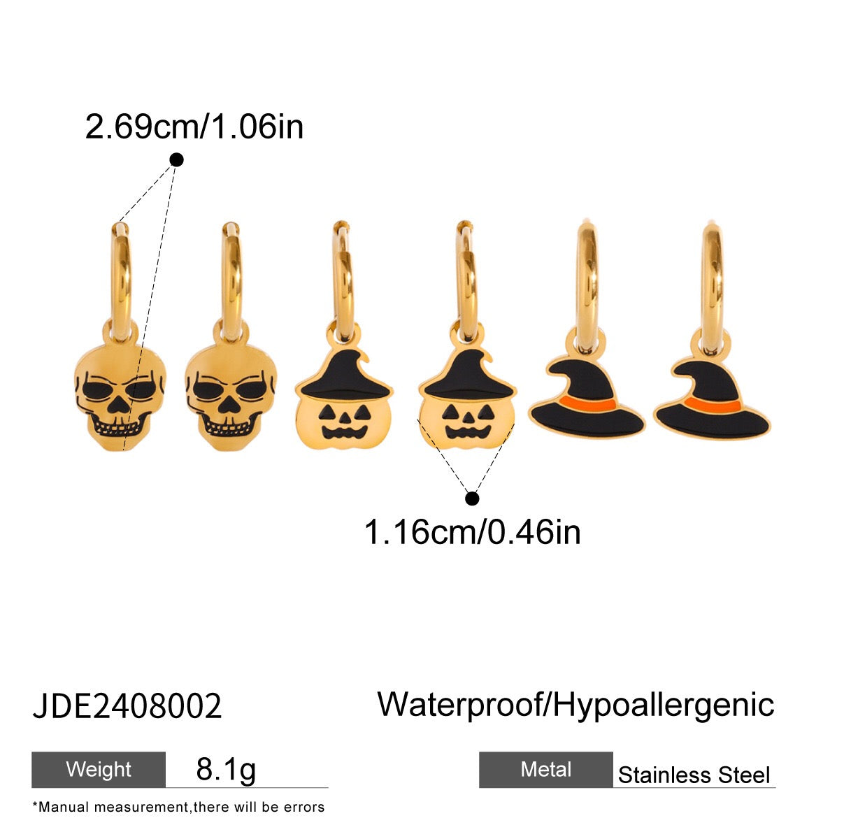 18K Gold Halloween Pumpkin Skull Small Hoop Huggie Earrings with Charm