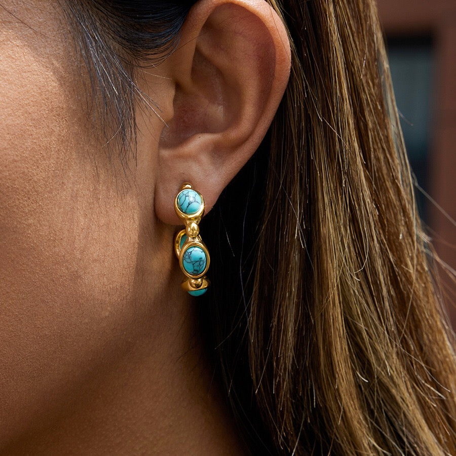 18K Gold Modern Charm Pearl Turquoise Hoop Earrings
