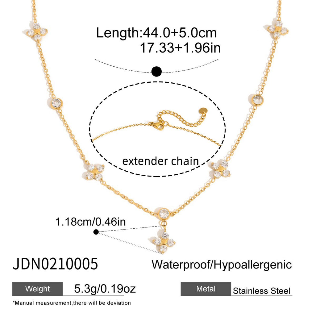 18K Gold Lucky Petal Four Leaf Clover Flower Dainty CZ Necklace