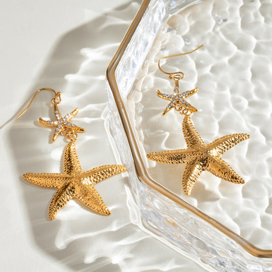 18K Gold Bling Starfish Drop Dangle Statement Earrings
