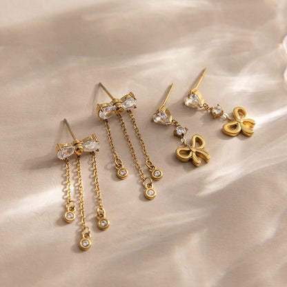 18K Gold Little Bow Charm Dangle Stud Earrings