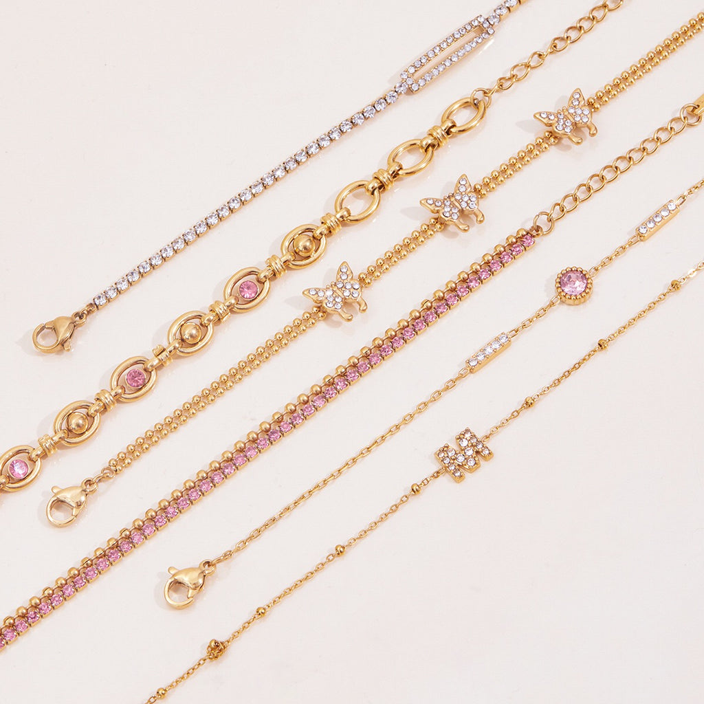 18K Gold Luxury Pink Butterfly Dainty Tennis Chain Bracelet Stack