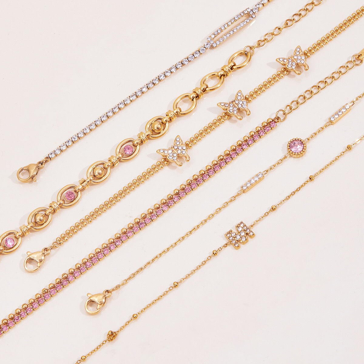 18K Gold Luxury Pink Butterfly Dainty Tennis Chain Bracelet Stack