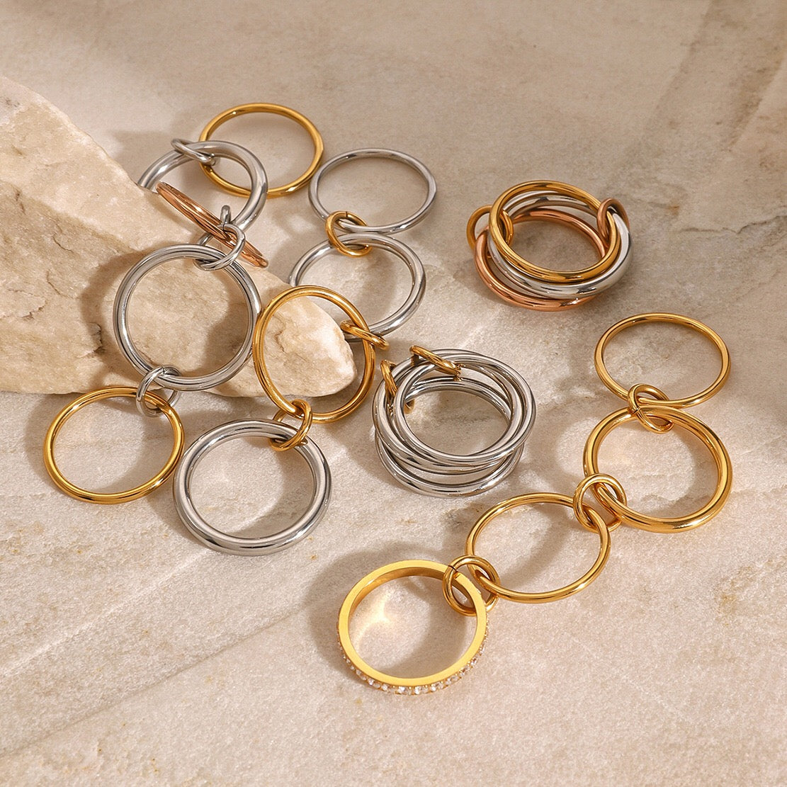 18K Gold and Silver Two Tone Connected Multi Layers Spinelli Trinity Stacking Rings