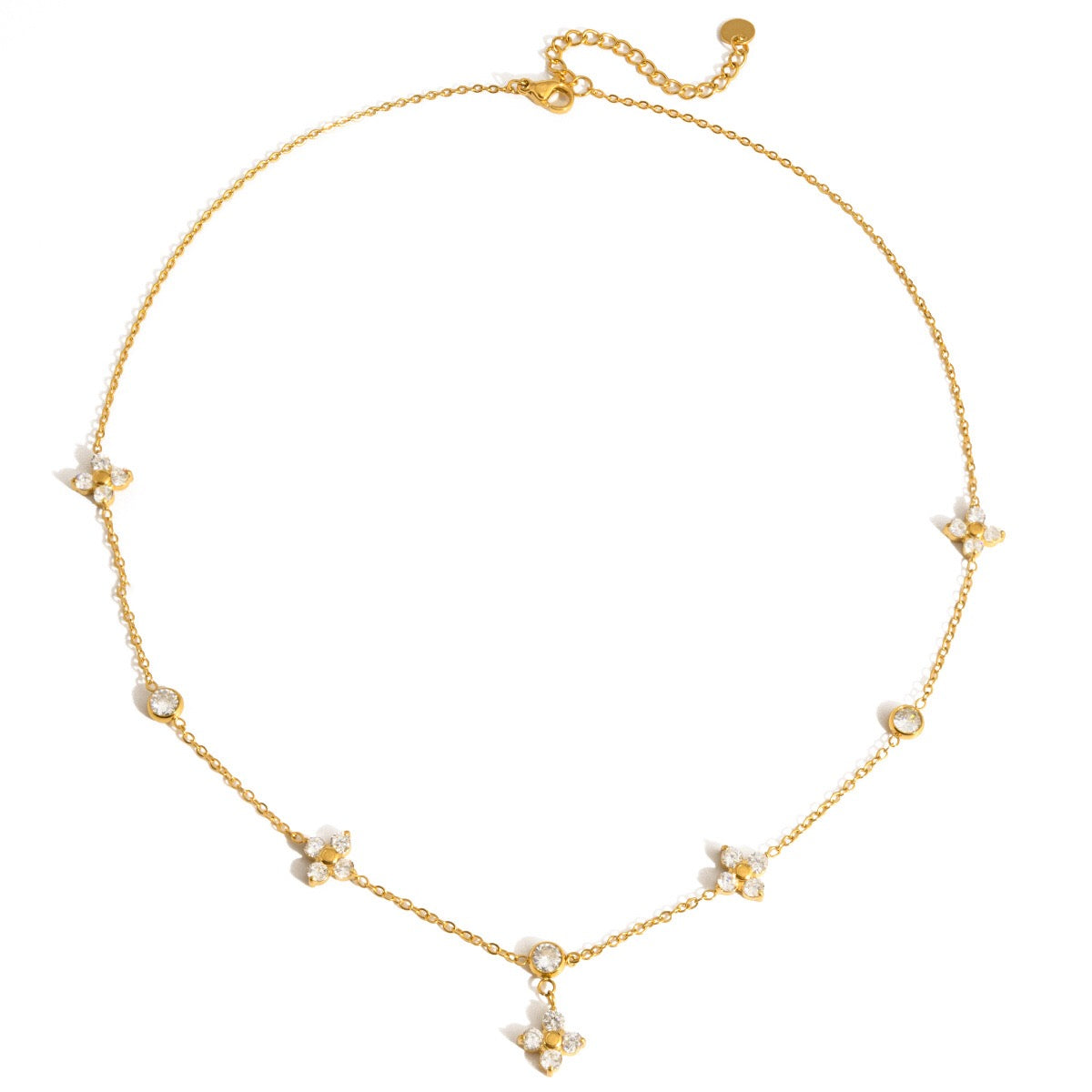 18K Gold Lucky Petal Four Leaf Clover Flower Dainty CZ Necklace