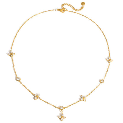 18K Gold Lucky Petal Four Leaf Clover Flower Dainty CZ Necklace