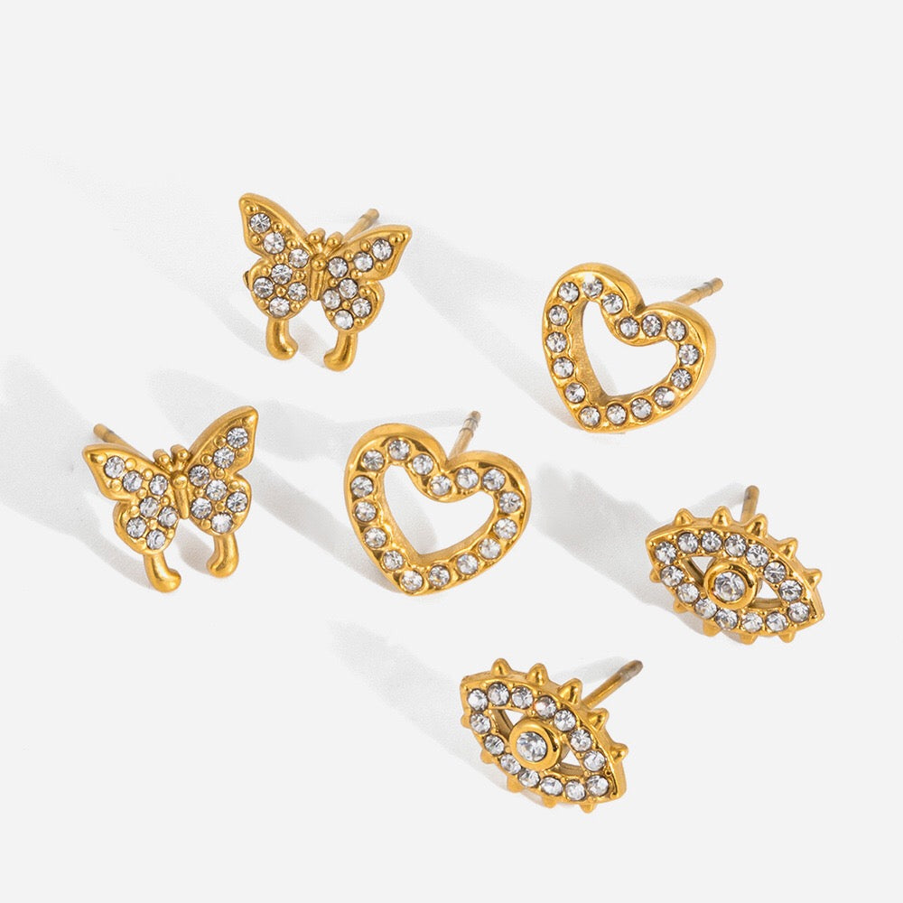 18K Gold Mini Icons Pave Heart Butterfly Cartilage Earrings Ear Studs