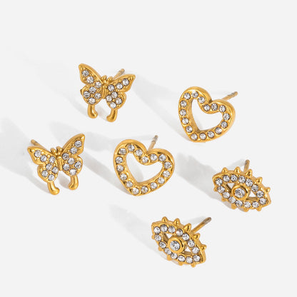 18K Gold Mini Icons Pave Heart Butterfly Cartilage Earrings Ear Studs