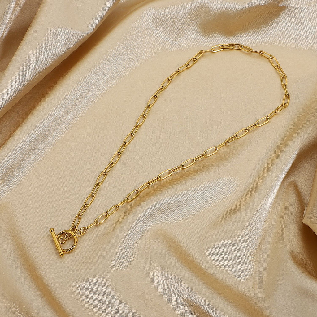 18K Gold Classic Paperclip Toggle Chain Choker Necklace