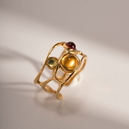 18K Gold Unique Gem Cuff Ring