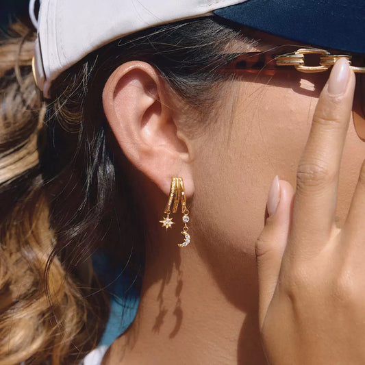 18K Gold Moon Kiss Dangle Huggie Earrings