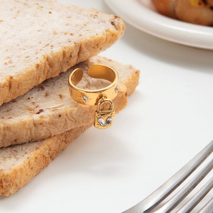 18K Gold Heart Locked Charm Statement Band Ring