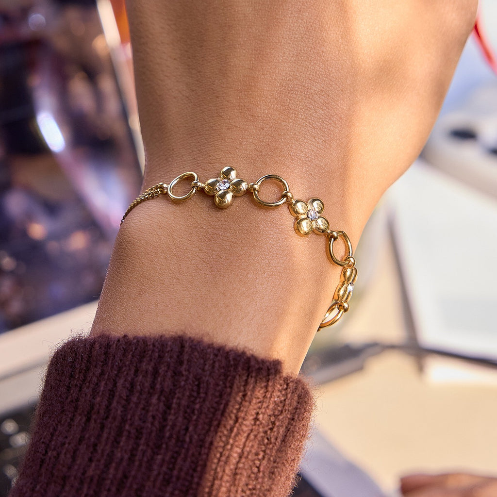 18K Gold Fortune Flower Four Leaf Clover Double Chain Bracelet