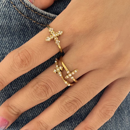 18K Gold Grace Cross Pave Stacking Rings