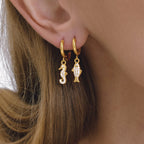 18K Gold Ocean Sparkle Seashell Palm Tree Small Hoop Huggie Earrings with Charm