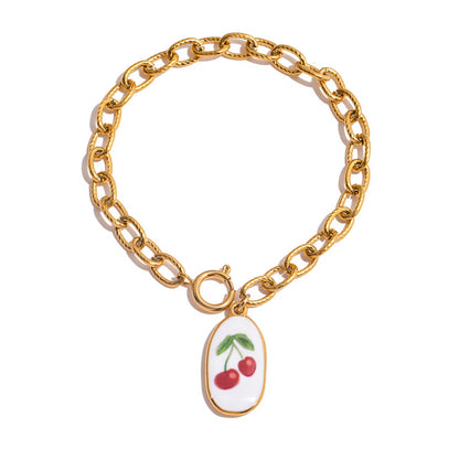 18K Gold Tropical Fruit Charm Pearl Chain Bracelet Stack