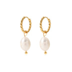 18K Gold Pearl Twisted Small Hoop Huggie Earrings