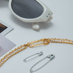 18K Gold Safety Pin Tennis Double Chain Heart Bangle Bracelet Stack