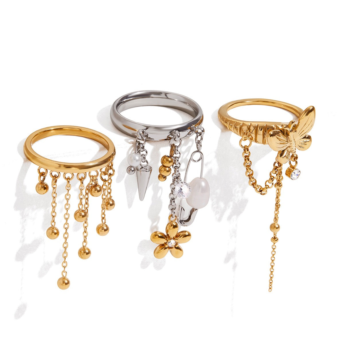 18K Gold Butterfly Safety Pin Tassle Charm Ring