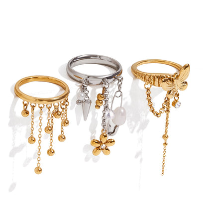 18K Gold Butterfly Safety Pin Tassle Charm Ring