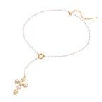 18K Gold Pearl Cross Pendant Lariat Necklace