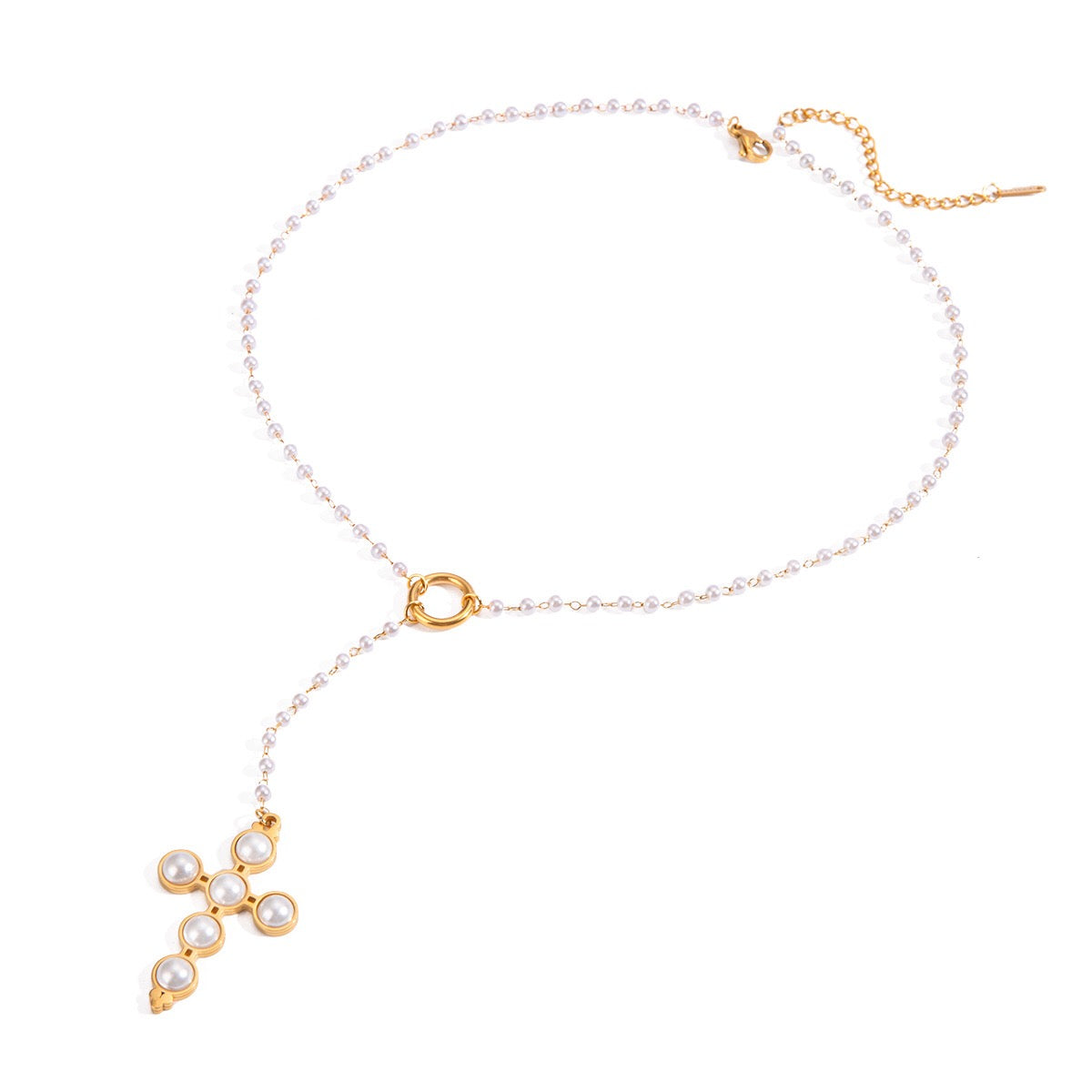 18K Gold Pearl Cross Pendant Lariat Necklace