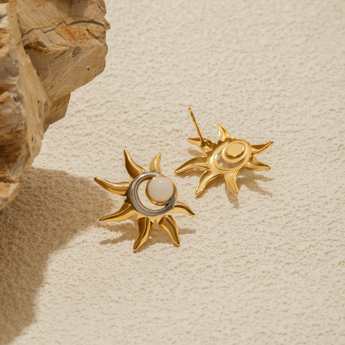 18K Gold and Silver Two Tone Eclipse Opal Sun and Moon Stud Earrings