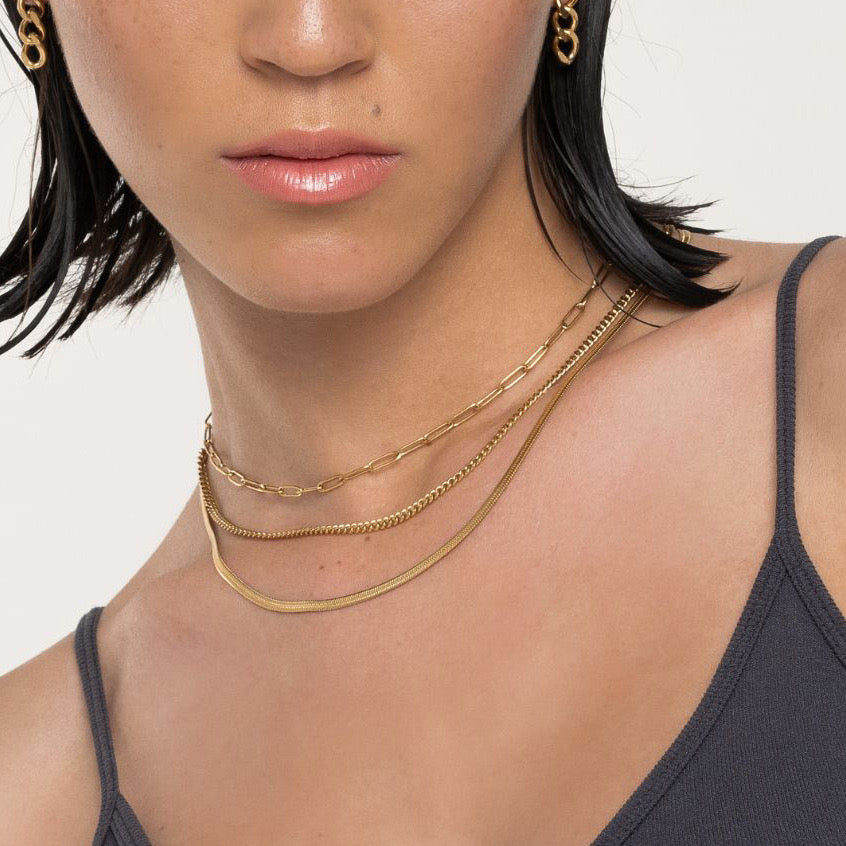 18K Gold Herringbone Snake Chain Paperclip Layered Necklace Set