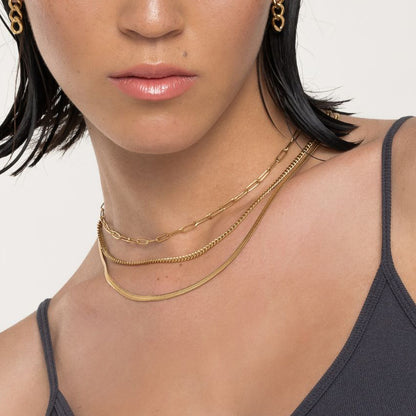 18K Gold Herringbone Snake Chain Paperclip Layered Necklace Set