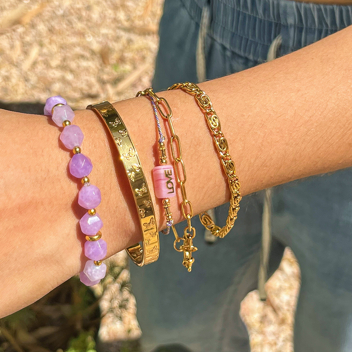 18K Gold Purple Dream Beaded Chain Butterfly Bangle Bracelet Stack