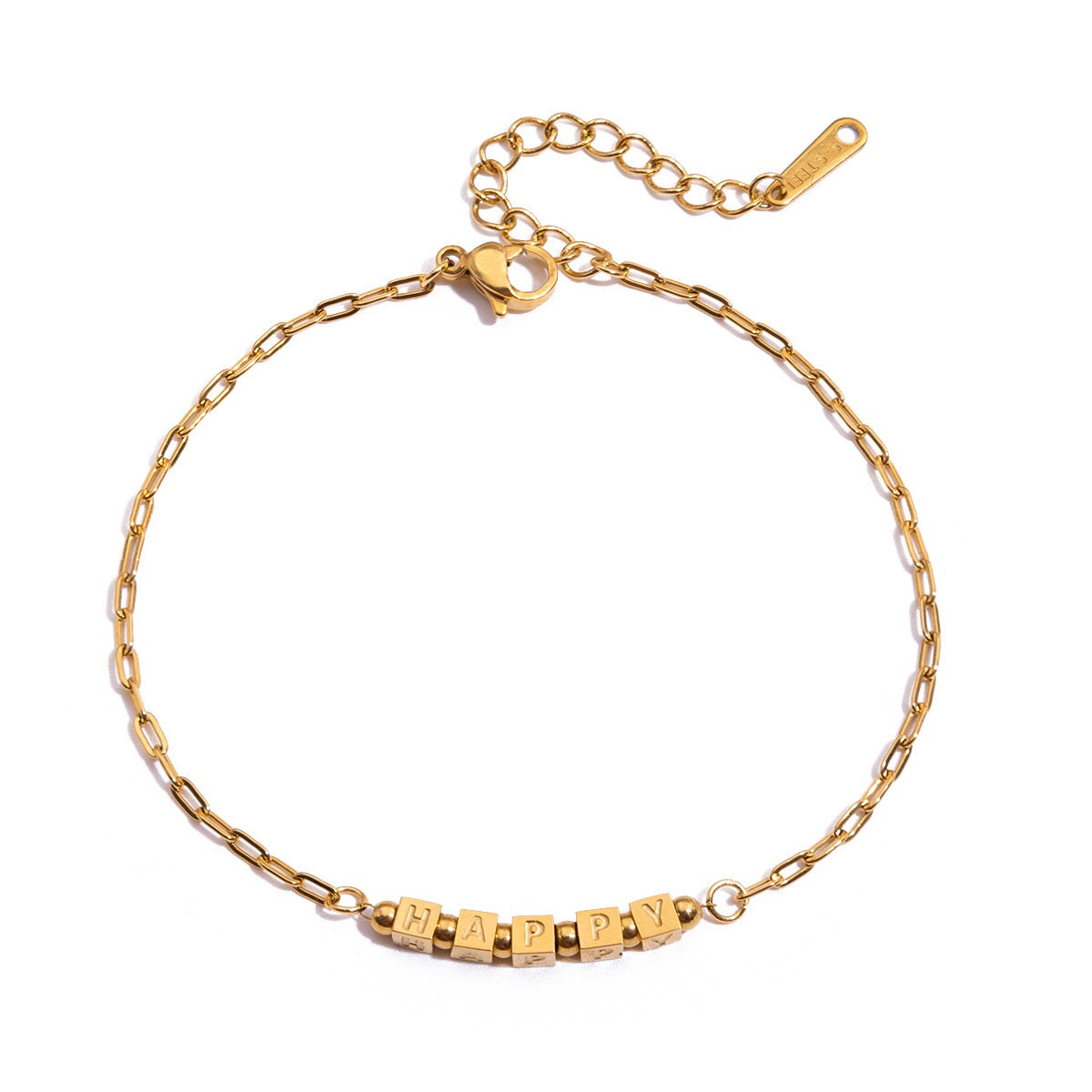18K Gold HAPPY Letter Dainty Chain Bracelet