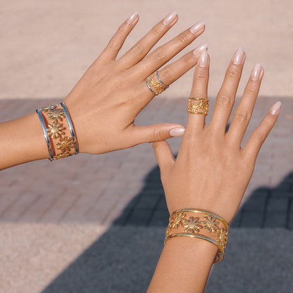 18K Gold and Silver Two Tone Wild Bloom Flower Statement Bangle Cuff Bracelet