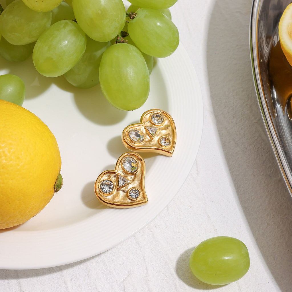 18K Gold Bold Heart CZ Statement Stud Earrings