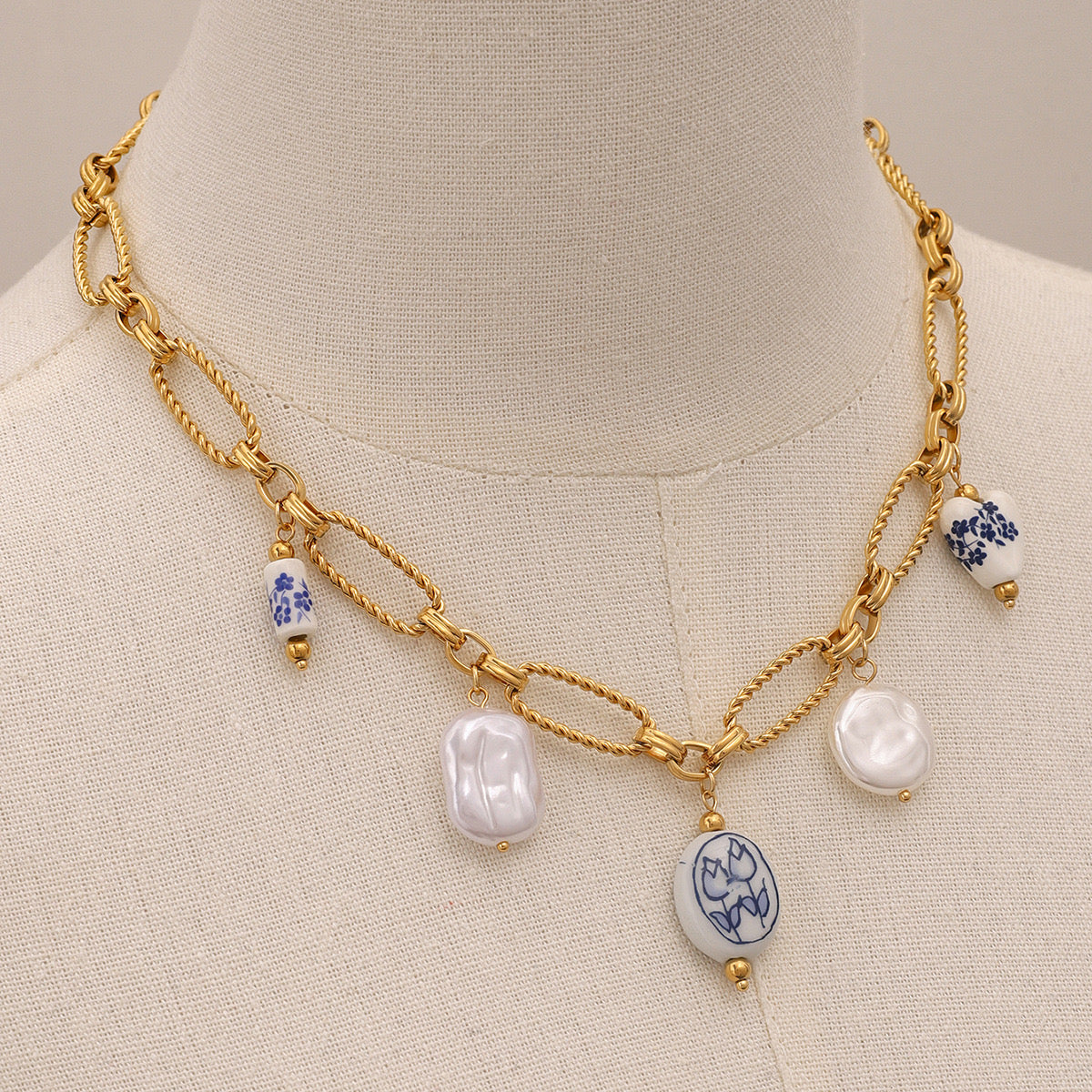 18K Gold Baroque Pearl Paperclip Chain Statement Charm Necklace