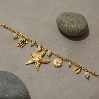 18K Gold Starfish Beach Pearl Beads Charm Necklace