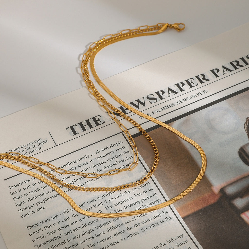 18K Gold Herringbone Snake Chain Paperclip Layered Necklace Set
