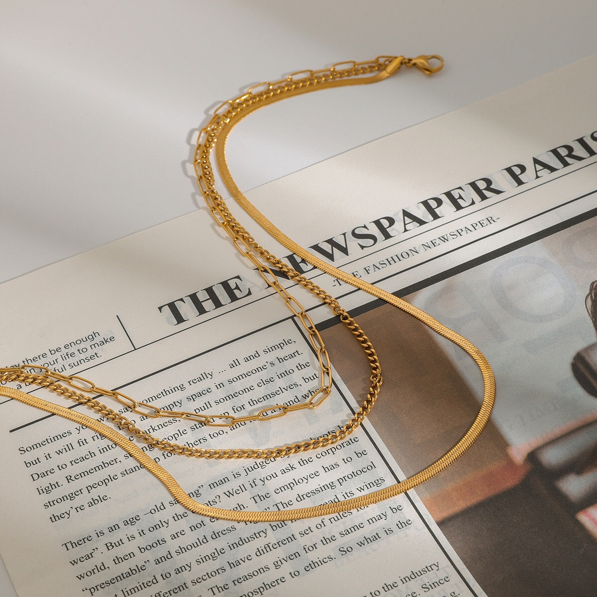 18K Gold Herringbone Snake Chain Paperclip Layered Necklace Set