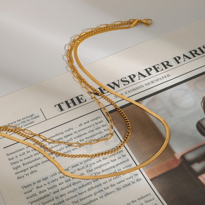 18K Gold Herringbone Snake Chain Paperclip Layered Necklace Set