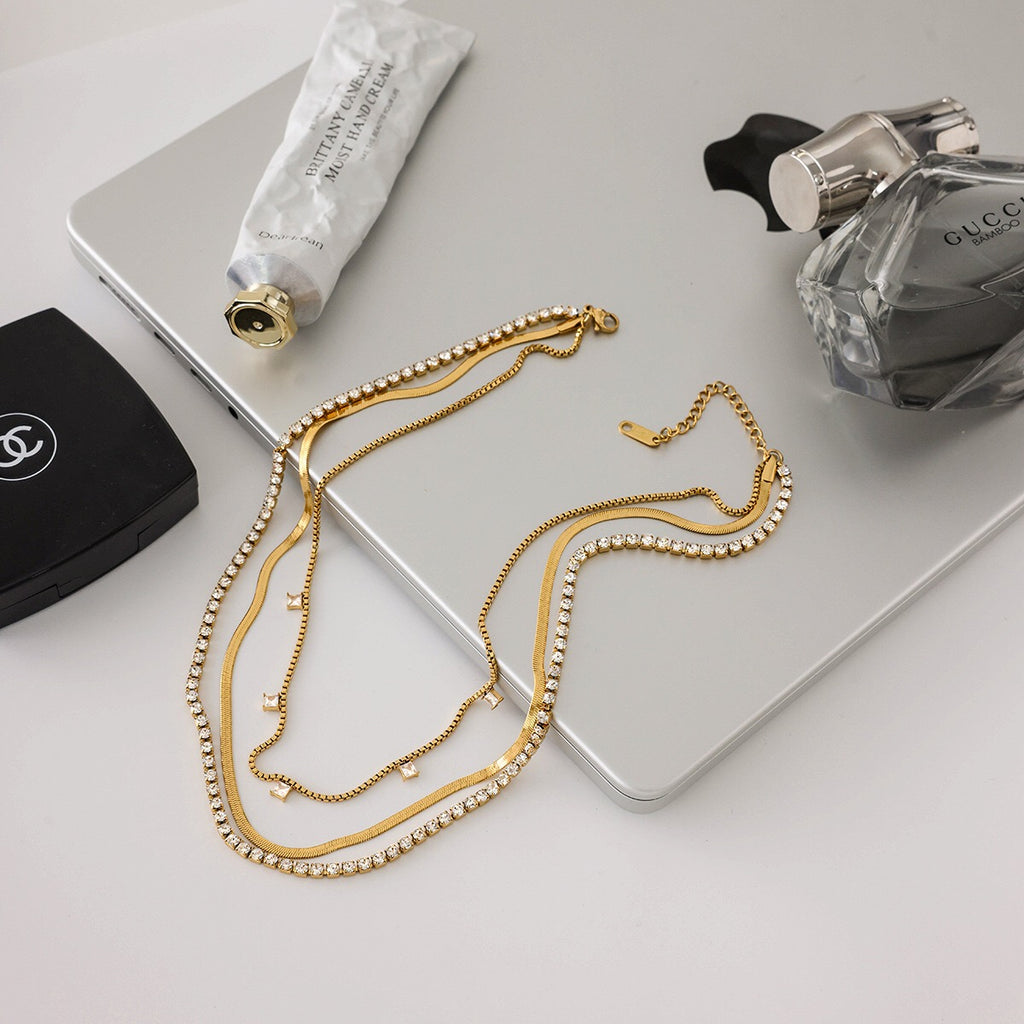 18K Gold Lavish Tennis Herringbone Snake Chain Dainty Layered Necklace Set