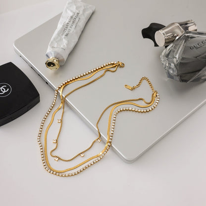 18K Gold Lavish Tennis Herringbone Snake Chain Dainty Layered Necklace Set