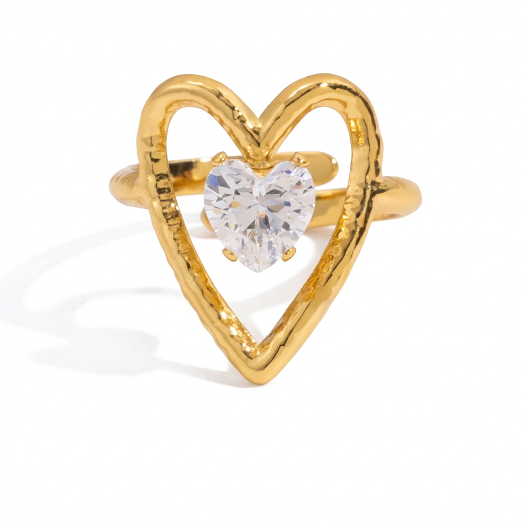 18K Gold Daily Glam Flower Heart CZ Statement Rings Set