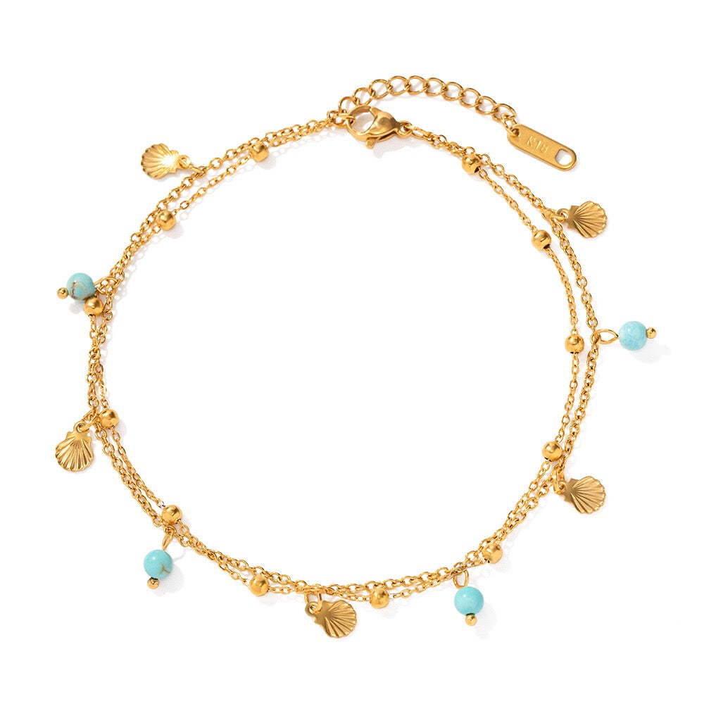18K Gold Seabreeze Shell Double Chain Dainty Anklet