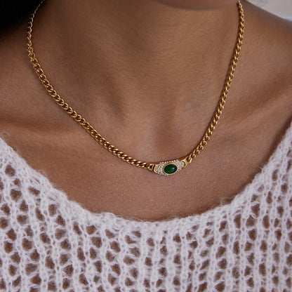 18K Gold Empire Gemstone Cuban Link Chain Statement Necklace