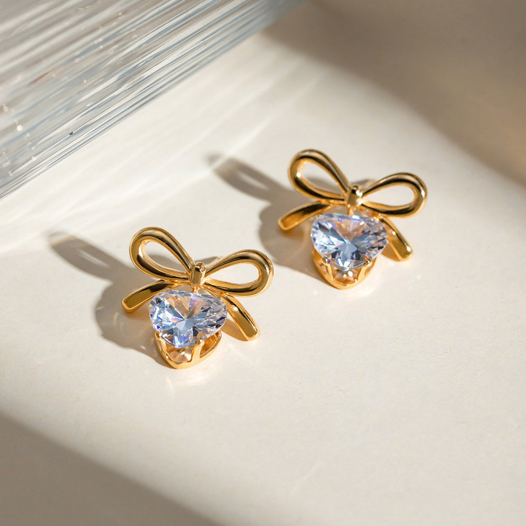 18K Gold Bling Heart Bow Dangle Earrings
