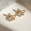 18K Gold Bling Heart Bow Dangle Earrings