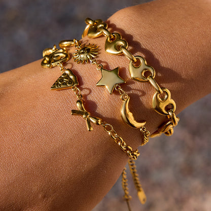 18K Gold Afternoon Tea Heart Chain Bracelet Stack