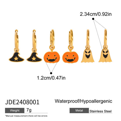 18K Gold Halloween Pumpkin Skull Small Hoop Huggie Earrings with Charm
