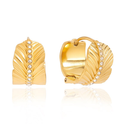 18K Gold Gentle Breeze Leaf CZ Small Hoop Huggie Earrings